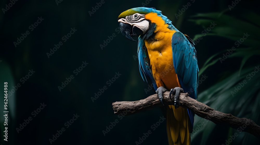 Obraz premium Blue and Yellow Macaw on Black Background, Realistic Photo, Texture, Pattern Background, Wallpaper, Cover and Screen for Smartphone, PC, Laptop, 9:16 and 16:9 Format