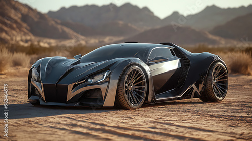 A modern, futuristic concept car in the desert, captured in cinematic, high-definition photography