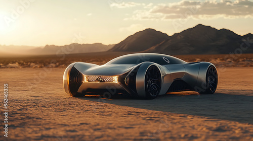 A modern, futuristic concept car in the desert, captured in cinematic, high-definition photography