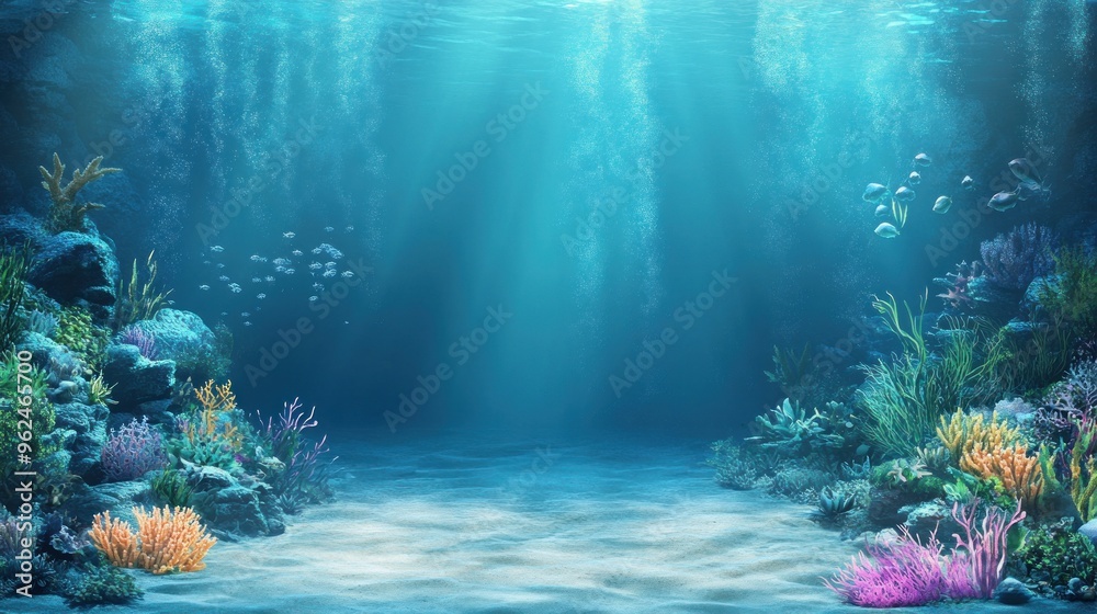Fototapeta premium Underwater scene with vibrant coral and fish illuminated by sunlight.
