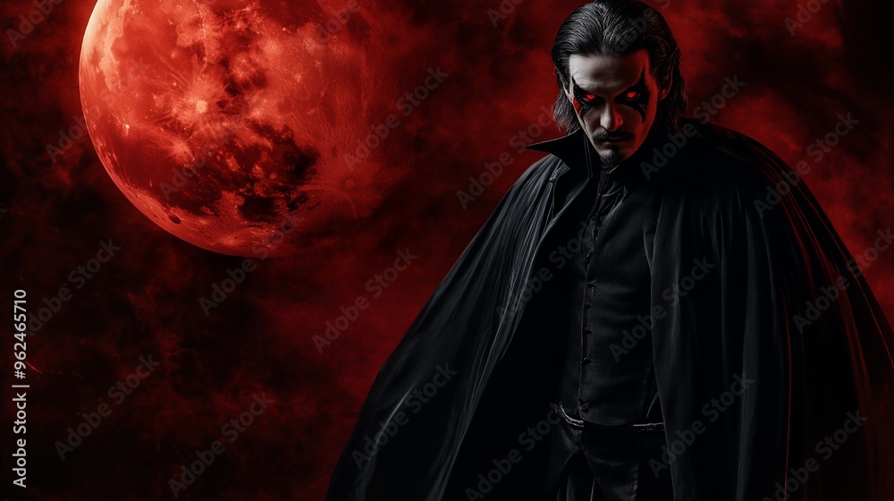 A man dressed as a vampire with glowing red eyes stands in front of a red moon with a dark and smoky background. A man dressed as a vampire with glowing red eyes stands in front of a red moon with a dark and smoky background.