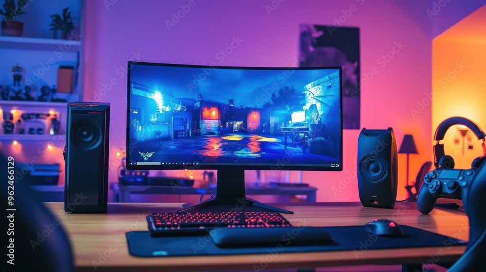 Gaming Setup with Curved Monitor and RGB Keyboard Gaming Setup with Curved Monitor and RGB Keyboard