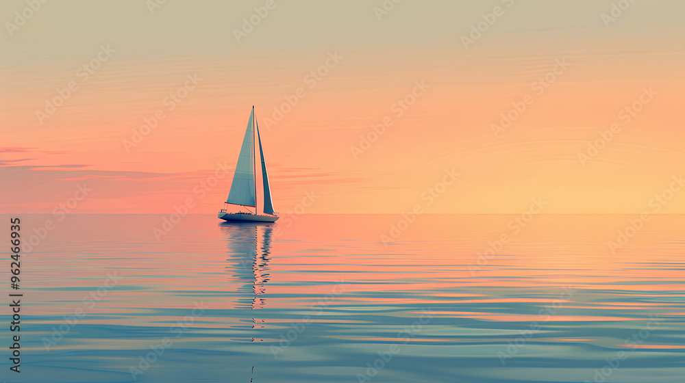 Fototapeta premium empty sailboat on calm waters, against the backdrop of dusk's gradient sky, A pastel color palette with muted blues for the sea and twilight hues