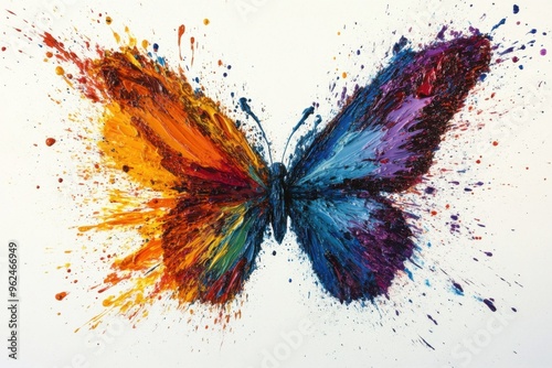 A dynamic composition of paint splashes forming the shape of a butterfly, with each wing crafted from translucent PNG paint strokes 