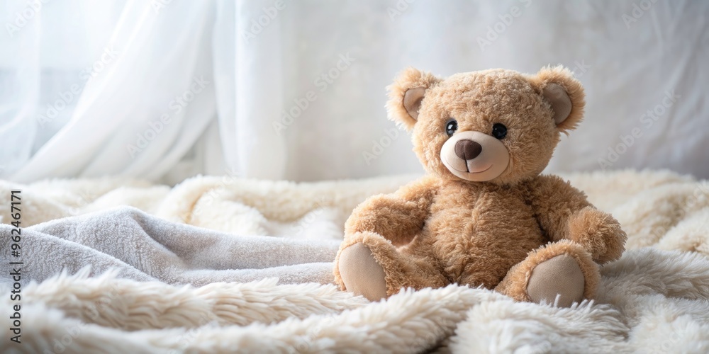 Teddy bear sitting on a soft blanket, cute, toy, cozy, stuffed animal, comfort, childhood, soft, adorable, snuggle, furry