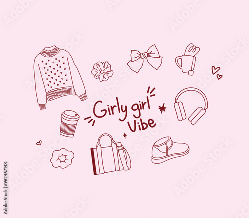 Cartoon set of girl stickers line style. Sweater, scrunchy, bow, headphones, ugg, tote bag in hippie funky groovy style