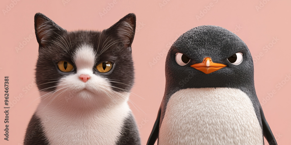 Fototapeta premium a cat and a penguin, a friendly portrait on a pink background