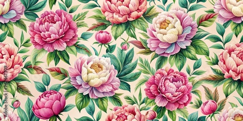 Seamless floral pattern of peony flowers in style, peony, flower, floral, seamless, pattern, pink,design, background, decoration