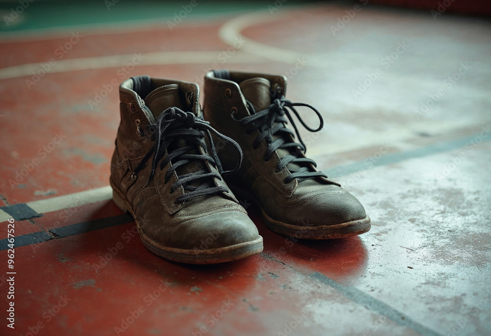 A pair of wrestling shoes sits on a worn wrestling mat, symbolizing the wrestler's retirement. A pair of wrestling shoes sits on a worn wrestling mat, symbolizing the wrestler's retirement.