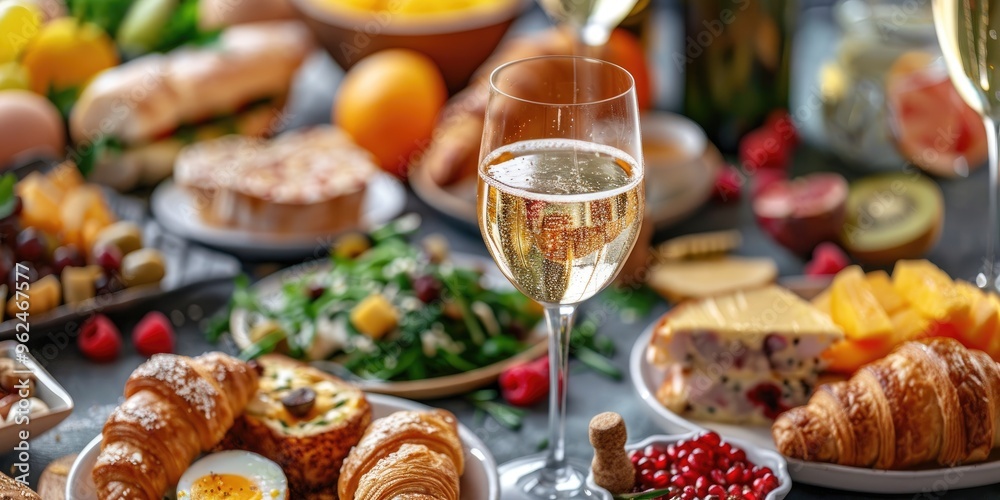 Fototapeta premium Detailed view of a champagne glass accompanied by an assortment of breakfast and brunch items such as croissants, eggs benedict, coffee, and fruits, with selective focus.