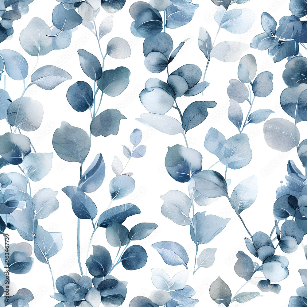 A pattern of delicate watercolor eucalyptus leaves in shades of blue and grey, elegant pattern on a white background, creating calming and stylish home decor or some nature inspired charm A pattern of delicate watercolor eucalyptus leaves in shades of blue and grey, elegant pattern on a white background, creating calming and stylish home decor or some nature inspired charm