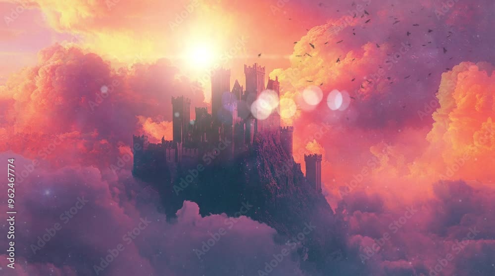 lanscape of castle above the clouds. Virtual 4K video animation background with looping time lapse with very smooth graphics. lanscape of castle above the clouds. Virtual 4K video animation background with looping time lapse with very smooth graphics.