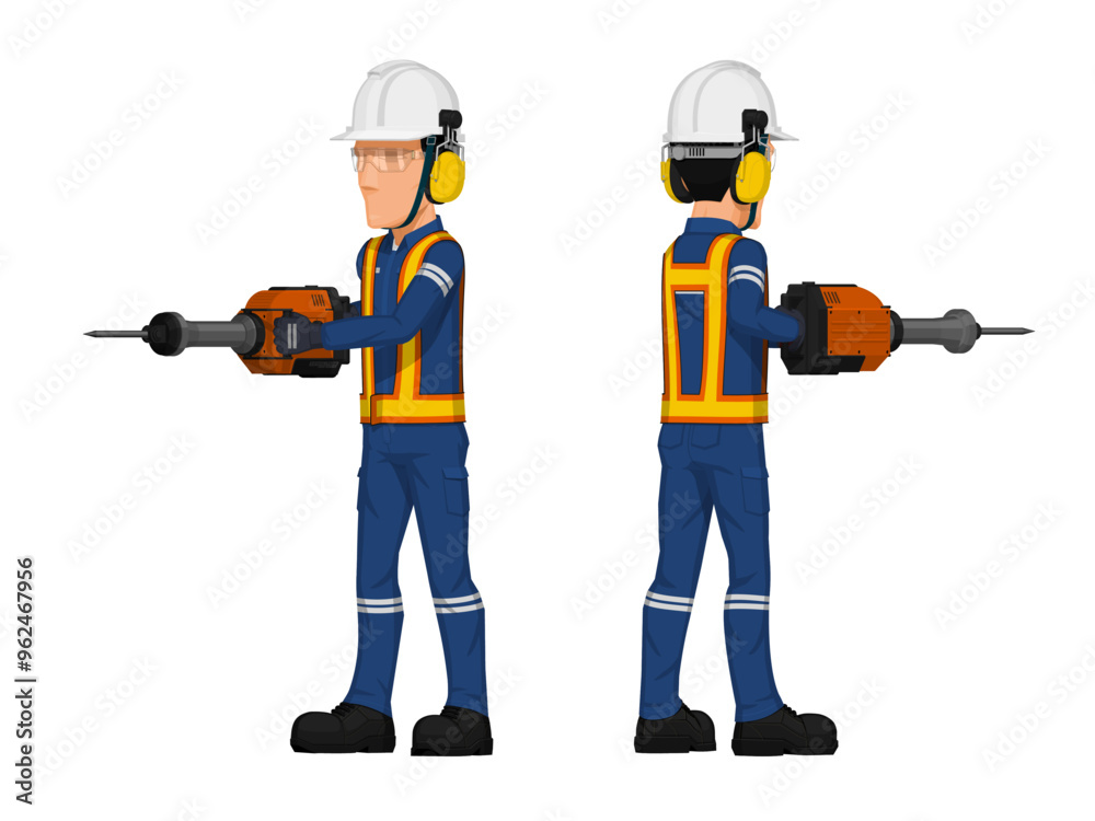A worker with hearing protection equipment is operating the jack hammer on white background A worker with hearing protection equipment is operating the jack hammer on white background