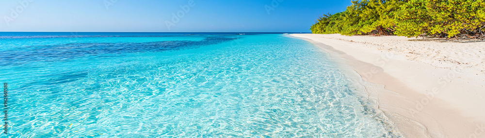 Crystal clear water meets pristine tropical beach, creating serene and inviting atmosphere. vibrant blue hues and soft white sand evoke sense of tranquility and relaxation. Crystal clear water meets pristine tropical beach, creating serene and inviting atmosphere. vibrant blue hues and soft white sand evoke sense of tranquility and relaxation.