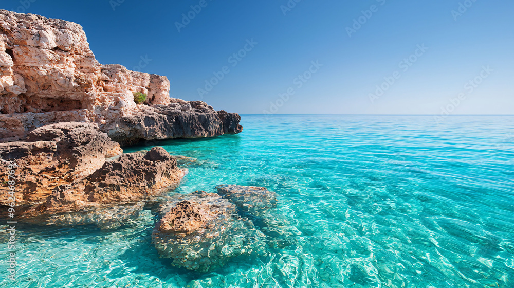 Fototapeta premium Crystal clear turquoise water meets rocky cliffs under bright blue sky, creating serene Mediterranean coastline.
