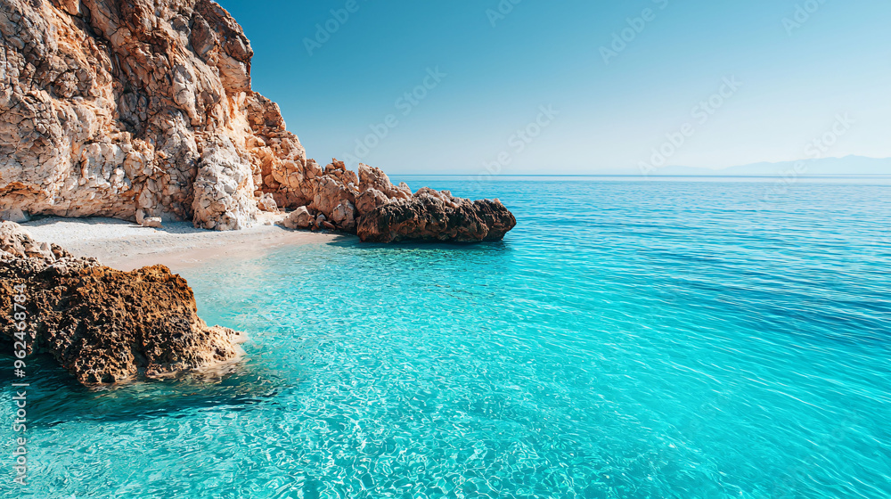 Fototapeta premium A stunning Mediterranean coastline featuring rocky cliffs and turquoise waters, creating serene and inviting atmosphere.