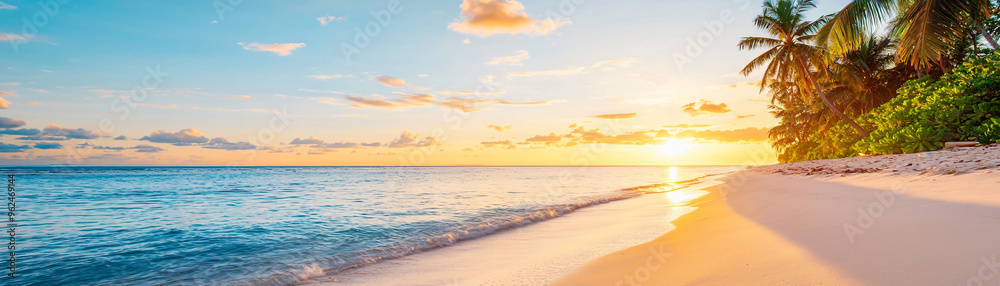 Obraz premium Tropical beach at sunset with golden light reflecting on water, creating serene and peaceful atmosphere.