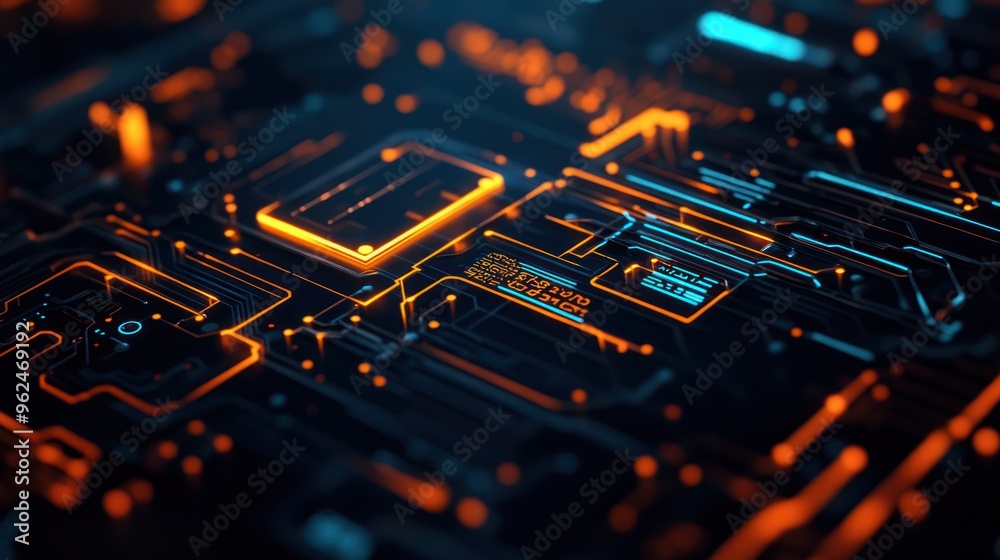 Circuit Board Glowing Orange and Blue Circuit Board Glowing Orange and Blue