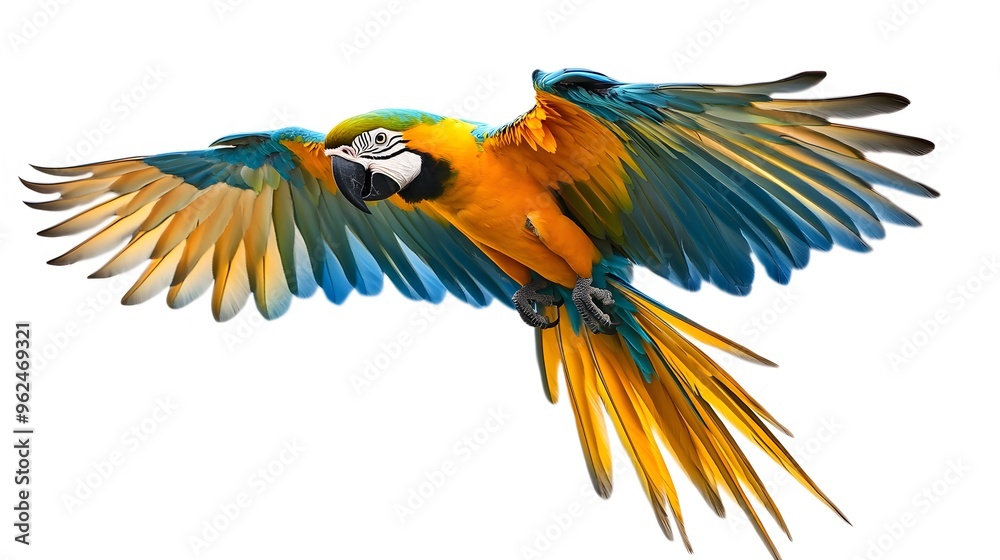 Fototapeta premium Blue and Yellow Macaw Flying White Background, Realistic Photo, Texture, Pattern Background, Wallpaper, Cover and Screen of Smartphone, PC, Laptop, 9:16 and 16:9 Format