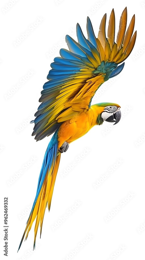 Fototapeta premium Blue and Yellow Macaw Flying White Background, Realistic Photo, Texture, Pattern Background, Wallpaper, Cover and Screen of Smartphone, PC, Laptop, 9:16 and 16:9 Format