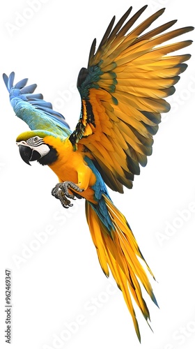 Blue and Yellow Macaw Flying White Background, Realistic Photo, Texture, Pattern Background, Wallpaper, Cover and Screen of Smartphone, PC, Laptop, 9:16 and 16:9 Format