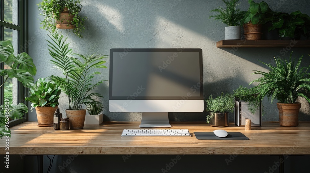 Modern minimalist home office workspace with computer, plants and sunlight. Modern minimalist home office workspace with computer, plants and sunlight.