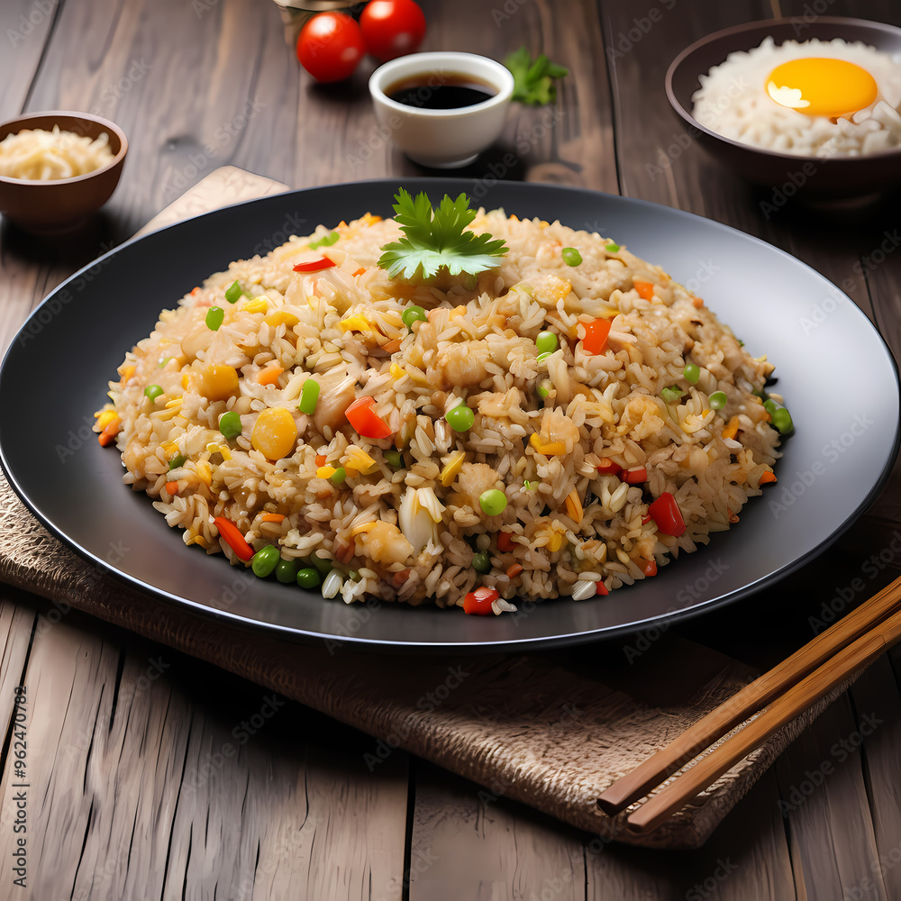 A Plate of Fried Rice on a Wooden Table A Plate of Fried Rice on a Wooden Table