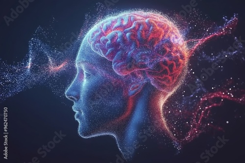 Neuro gear Neural circuit Digital illustration of a glowing human brain with particle streams representing the power of imagination and intellectual energy