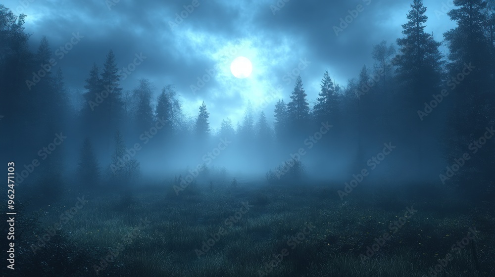 Fototapeta premium A full moon shines through misty clouds over a dark forest.