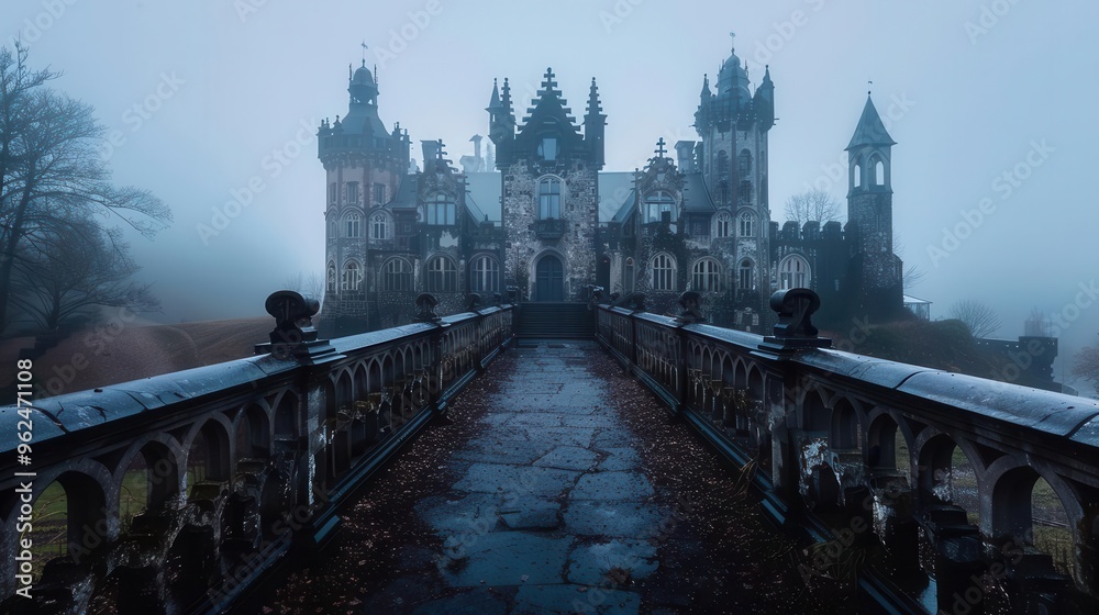 Obraz premium Castle ruins in a misty landscape, historical and grand, Gothic, Cool tones, Photograph, Architectural heritage
