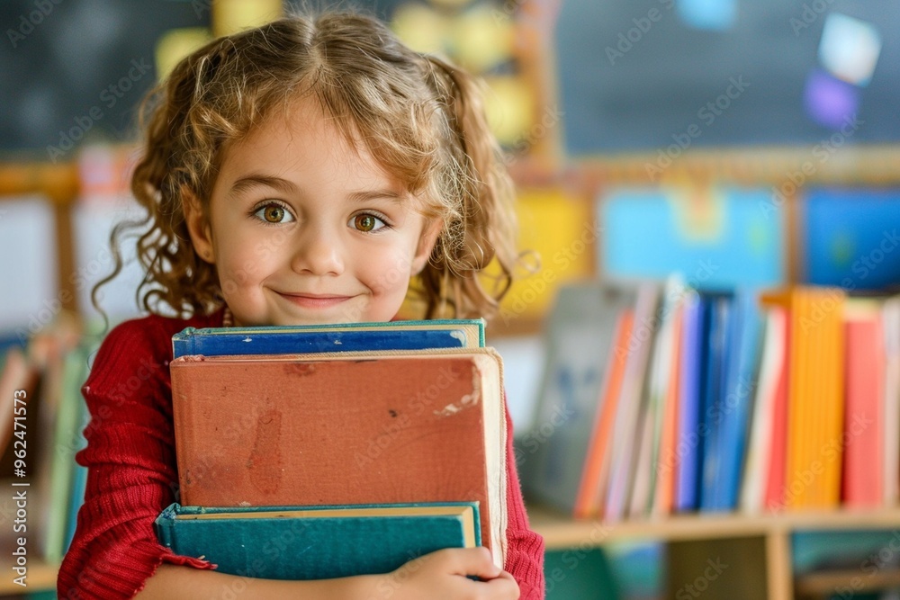 Innocent child bright eyes hugging books her classroom. Adorable child curly hair smiling brightly holding book. Innocence and curiosity combined academic aspirations. Innocent child bright eyes hugging books her classroom. Adorable child curly hair smiling brightly holding book. Innocence and curiosity combined academic aspirations.