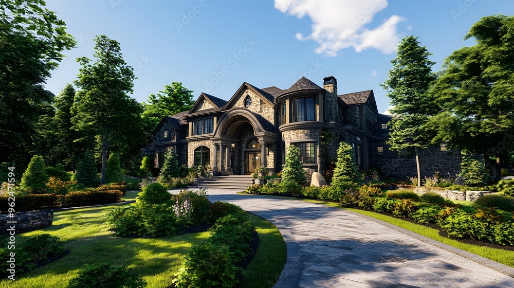 Stone Mansion with Lush Landscaping Stone Mansion with Lush Landscaping