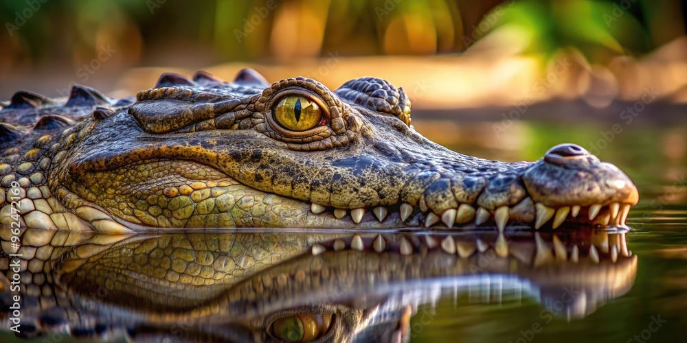 Fototapeta premium A close-up photo of a menacing crocodile lurking in the water, predator, reptile, dangerous, wildlife, teeth, scales
