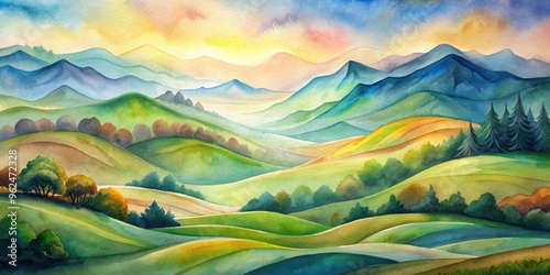 Calming watercolor of abstract landscape with flowing hills and valleys, watercolor,abstract, landscape, calming, serene, peaceful