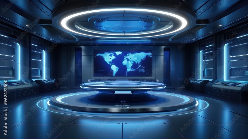 Futuristic Control Room with Digital World Map Display and Advanced Technology Interface Futuristic Control Room with Digital World Map Display and Advanced Technology Interface