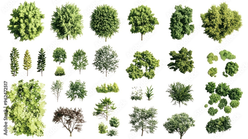 A collection of trees in various sizes and shapes A collection of trees in various sizes and shapes