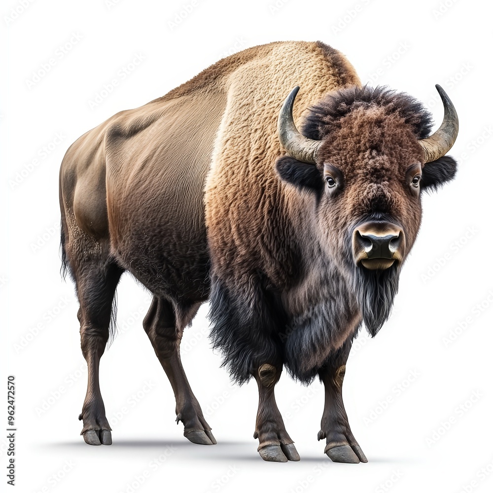 A large buffalo with horns stands in front of a white background A large buffalo with horns stands in front of a white background