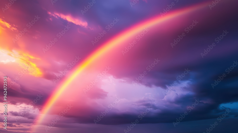 Stunning Rainbow Arching Across a Vibrant Sunset Sky with Dramatic Clouds Stunning Rainbow Arching Across a Vibrant Sunset Sky with Dramatic Clouds