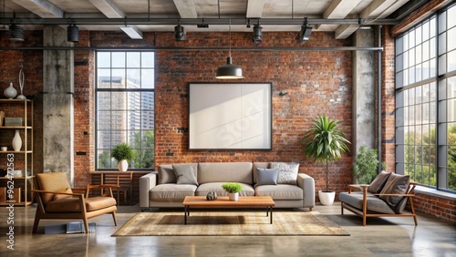 Industrial living room with a blank canvas on the wall , industrial, living room, blank canvas