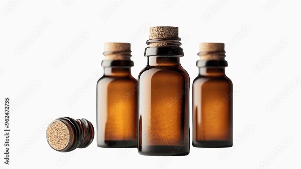 Three brown bottles with cork stoppers sit on a white background Three brown bottles with cork stoppers sit on a white background