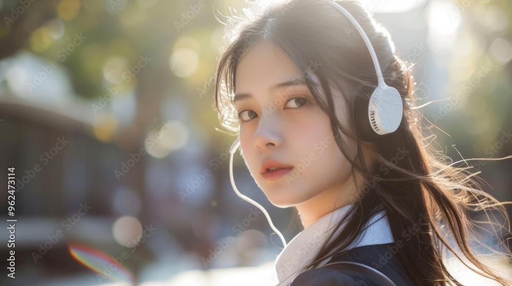 Fototapeta premium Photo of a real 18-year-old Chinese girl wearing a school uniform, long hair, thin eyebrows, wearing headphones, sunny outdoor background, real photo effect, with bright photo effect.