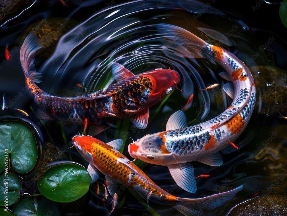 Koi pond with colorful fish, serene and vibrant, Botanical, Soft greens, Photograph, Aquatic beauty Koi pond with colorful fish, serene and vibrant, Botanical, Soft greens, Photograph, Aquatic beauty
