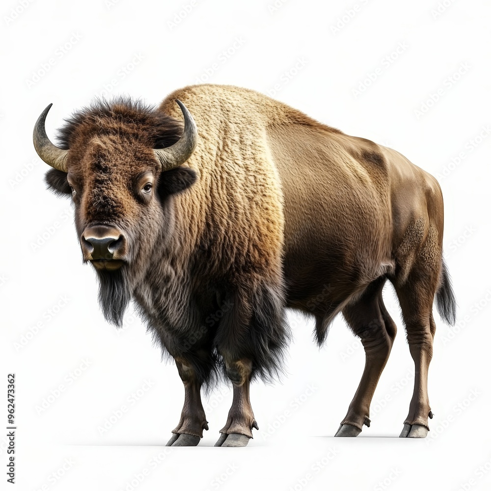 A large brown buffalo stands in front of a white background A large brown buffalo stands in front of a white background