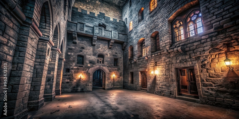 Exploring the ancient depths of a mystical castle with unique textures and black brick accents in ambient lighting Exploring the ancient depths of a mystical castle with unique textures and black brick accents in ambient lighting