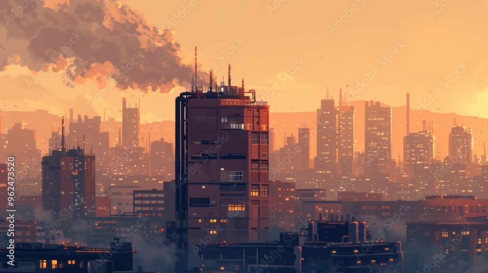 A dramatic sunset cityscape with an industrial building emitting smoke. The warm hues of the sunset contrast with the urban setting, creating a captivating and dynamic scene.
