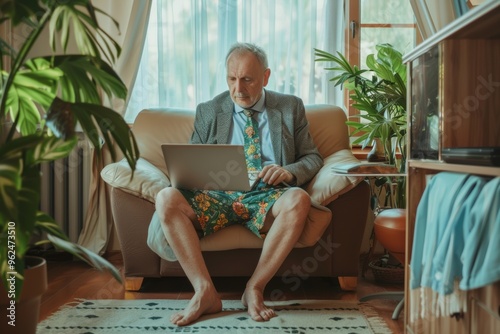 Work Disruptions Impacting Remote Workers.  Elegant poised middle-aged man immersed his laptop task. Depicts intricate balance of productivity and elegance business. photo