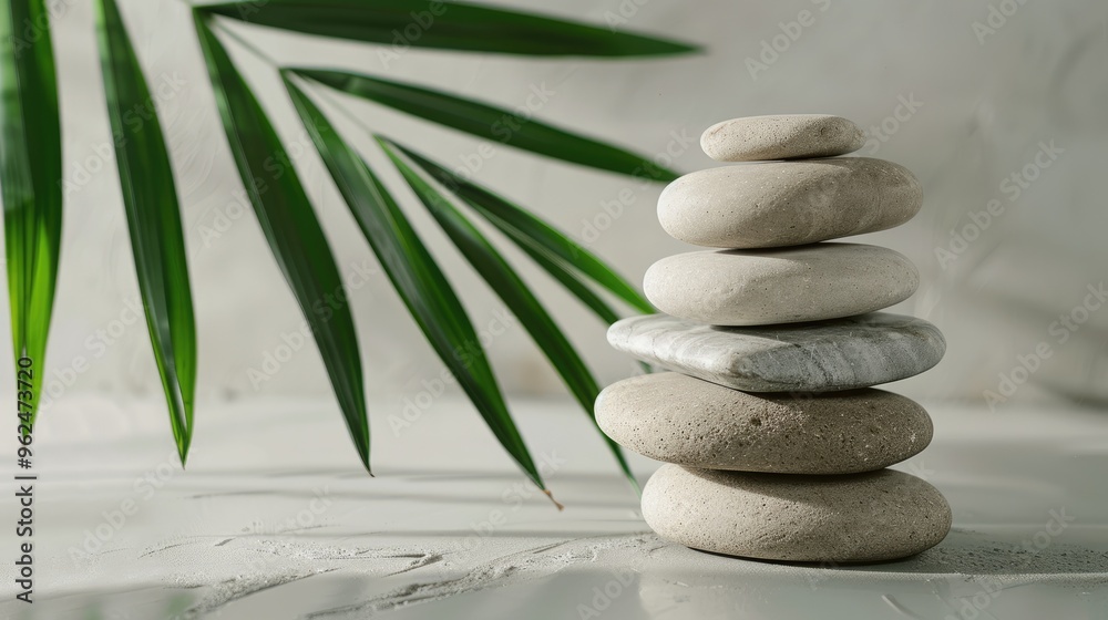 Stacked stones and palm leaf on light gray background for minimal product presentation. Stacked stones and palm leaf on light gray background for minimal product presentation.