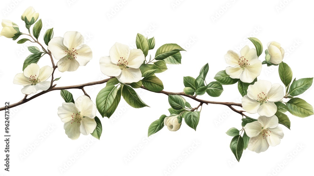 A white flower with green leaves is on a branch A white flower with green leaves is on a branch