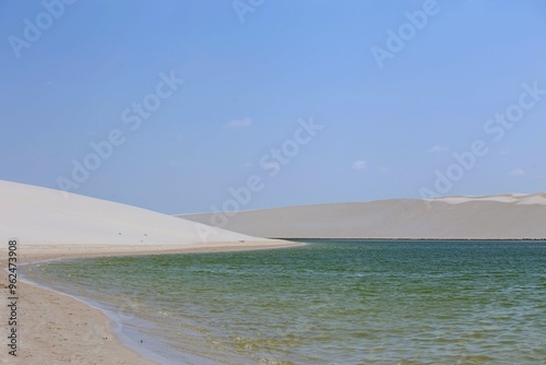 Lencois Maranhenses national partk in Maranhao, Brazil. white sand dunes, green color water lagoons. Touristic place for summer vacations photo