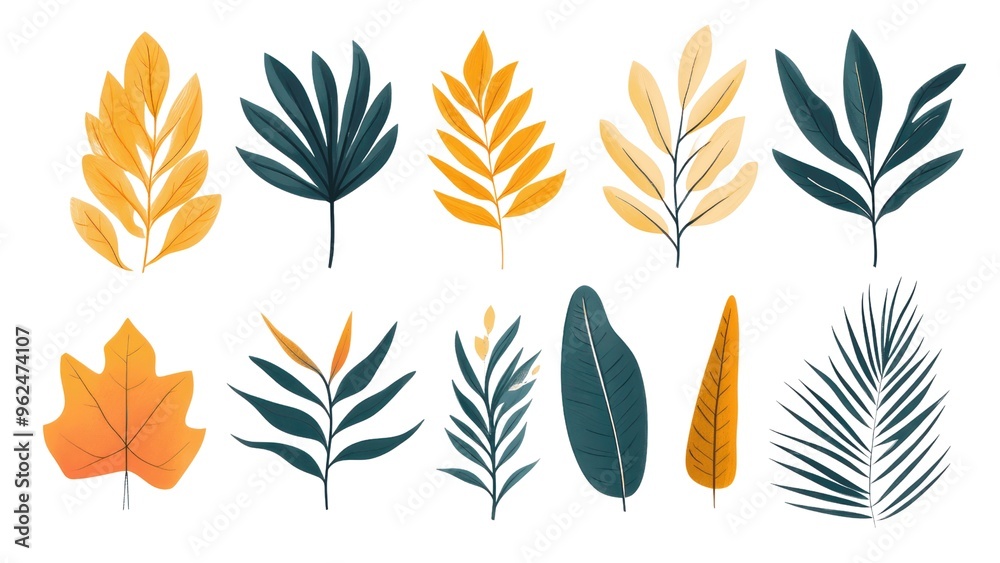 A set of 12 different leafy plants, including palm leaves A set of 12 different leafy plants, including palm leaves
